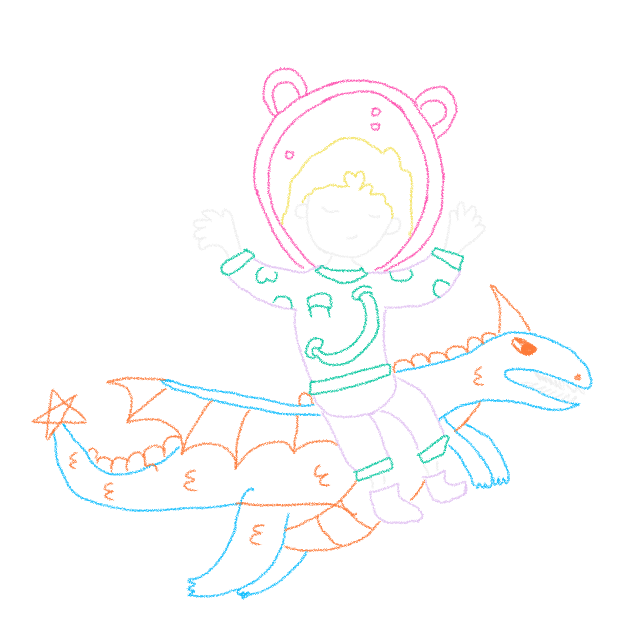 little girl riding a dragon in crayon like style